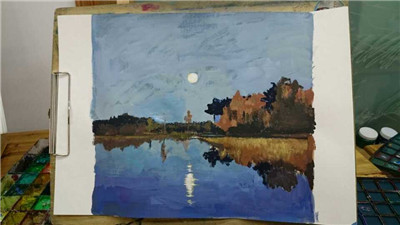 成都成人美术培训——风景水粉画练习作品,一轮明月水中印,静谧的夜